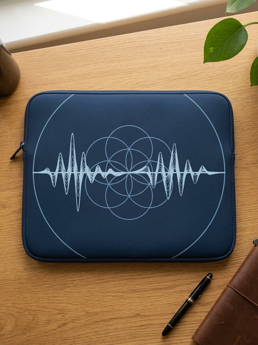 Portfolio Synergy sign on a navy laptop sleeve — blue waveform over geometric circles