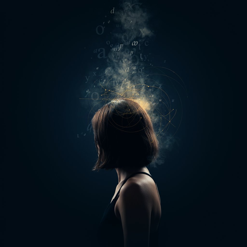 Words dissolving into geometric form above a person's head