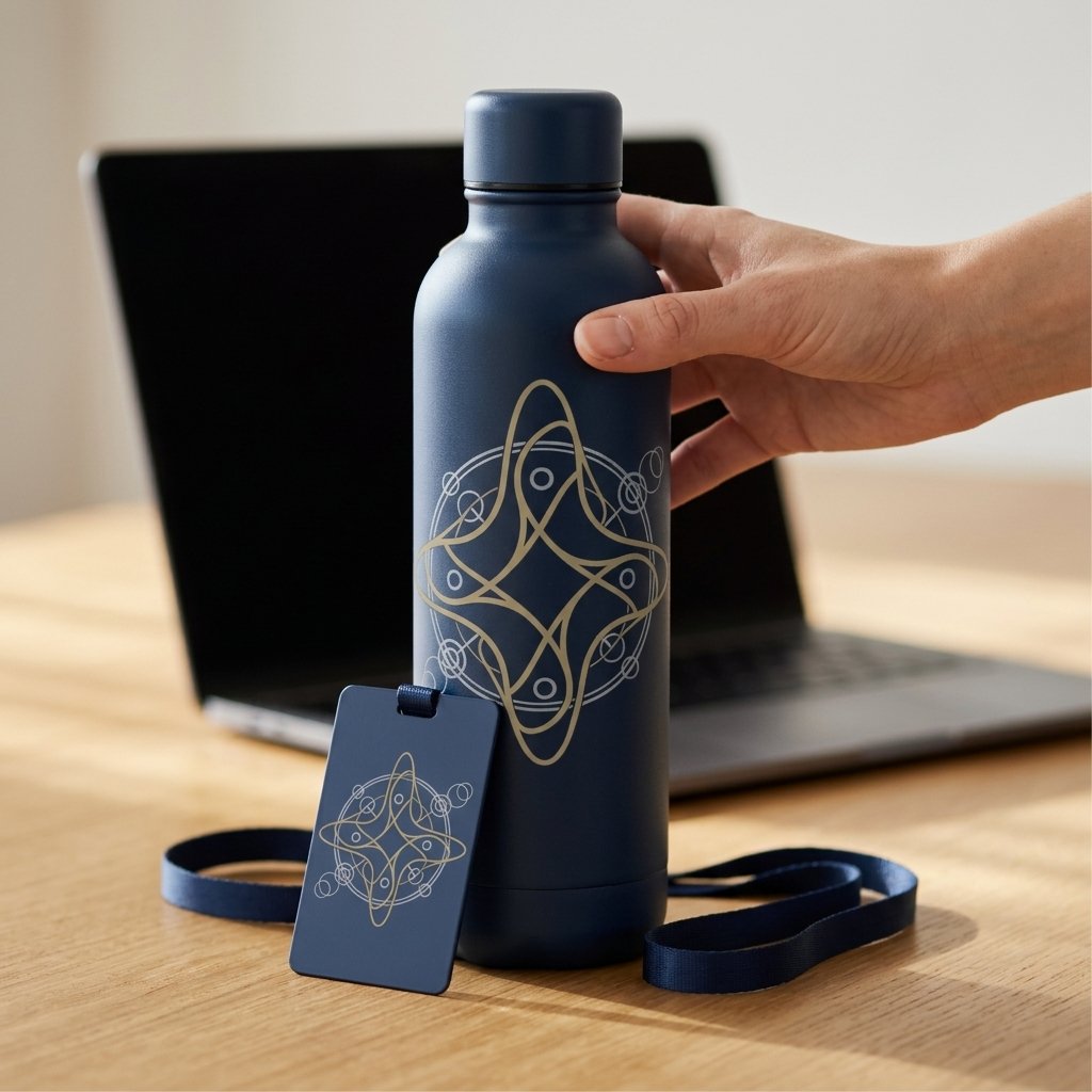 Portfolio Momentum sign on a navy water bottle and badge
